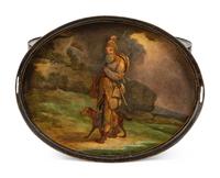 An English Painted Tole Oval Tray on Later Stand