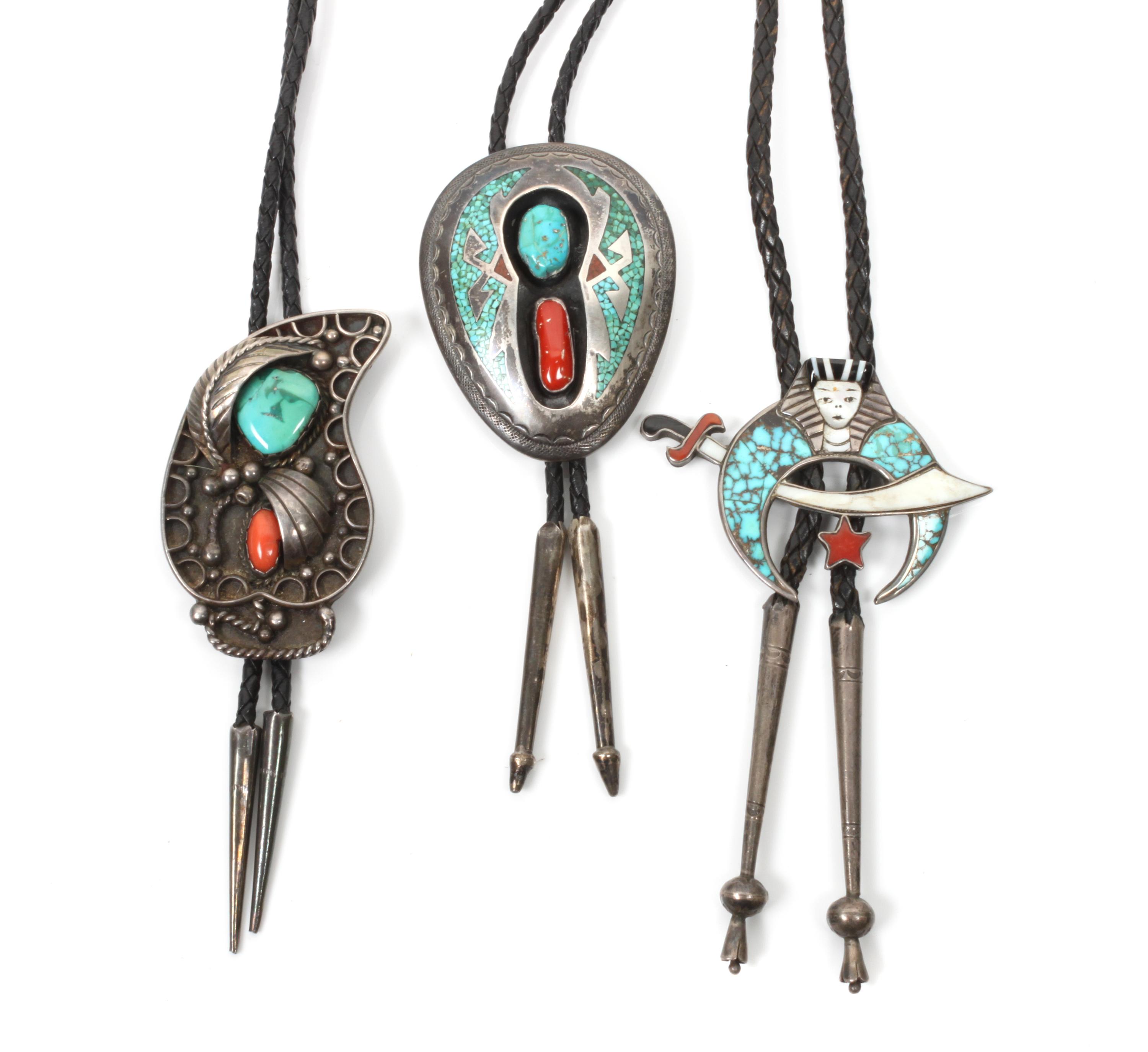 Three Southwestern Bolos Height of first 2 3/4 x width 2 1/4 inches.
