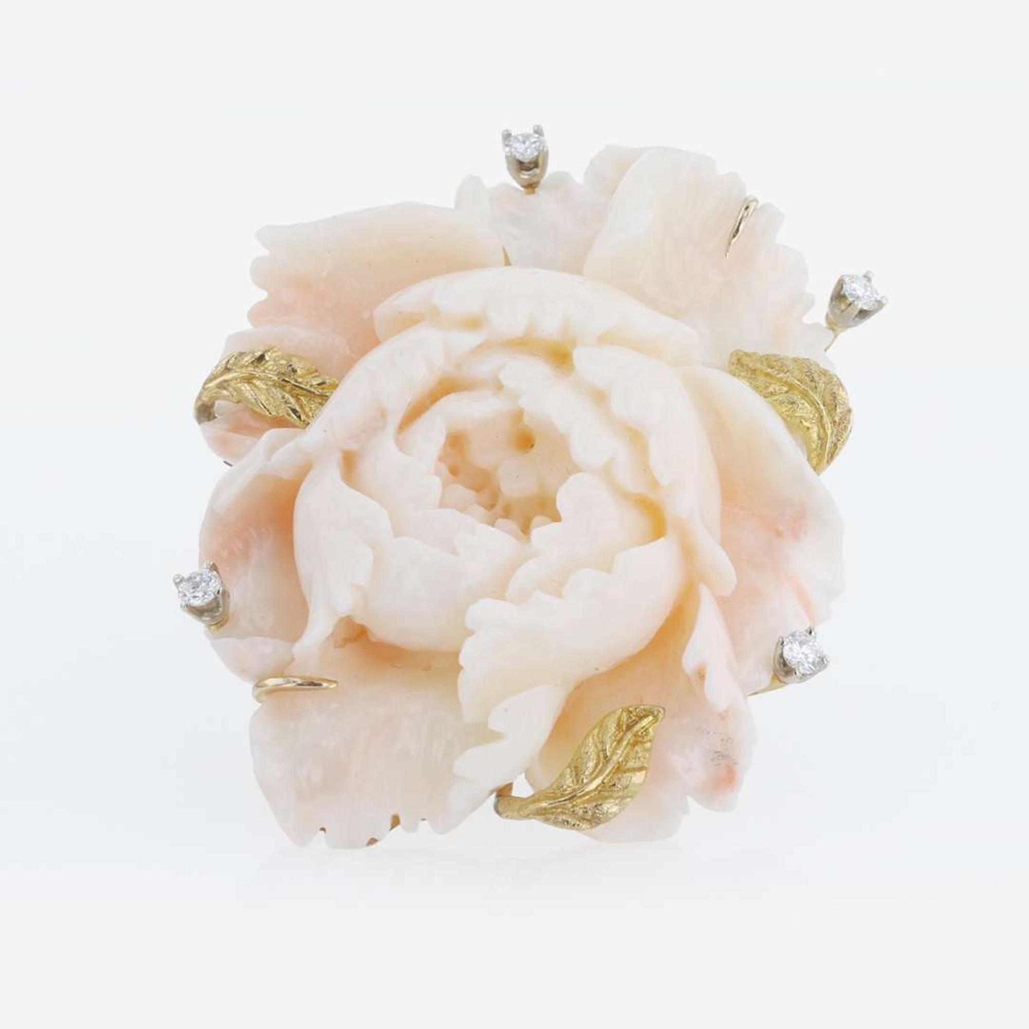 A Carved Coral, Diamond, and 14K Yellow Gold Brooch