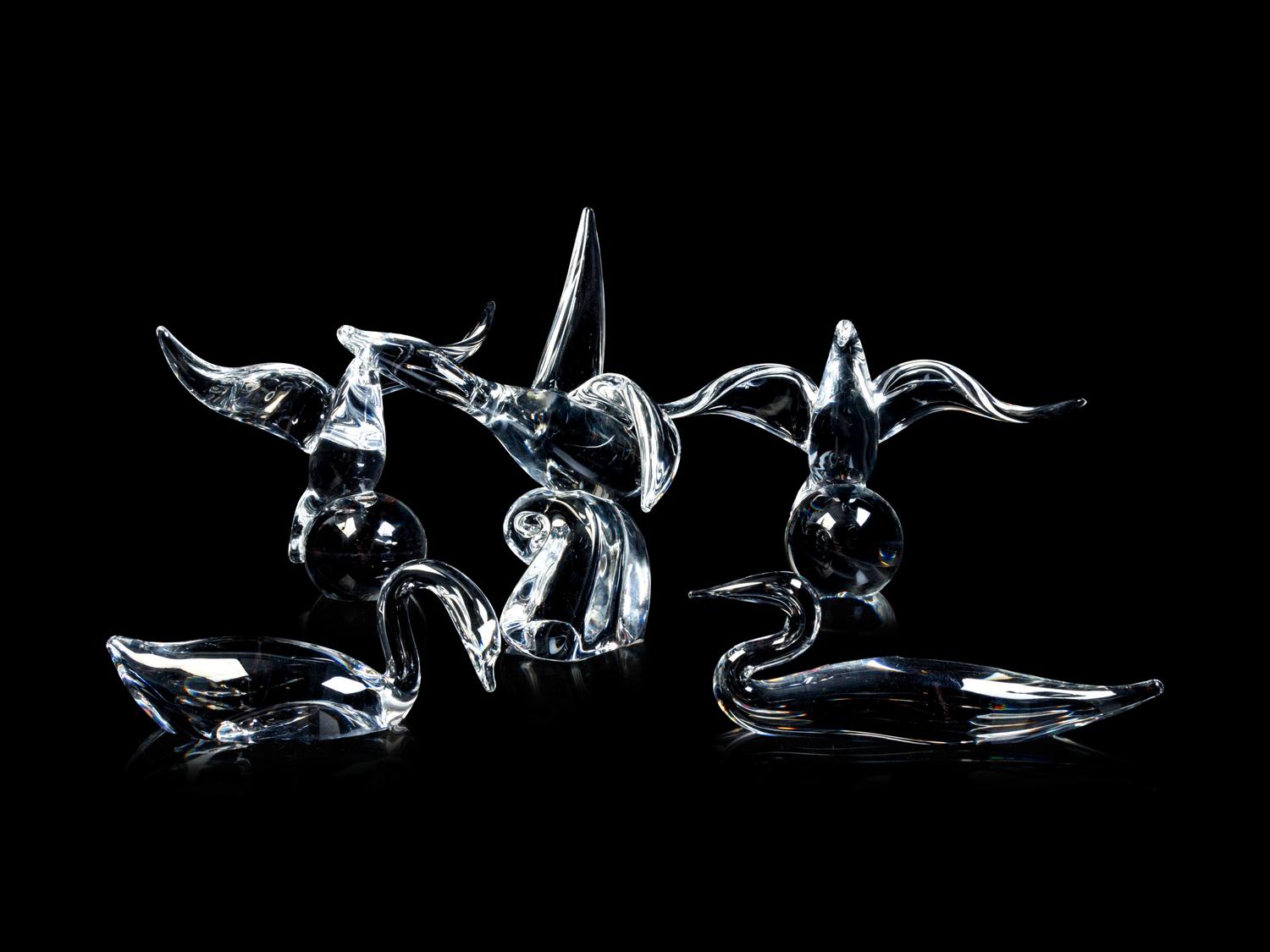 A Group of Five Steuben Glass Figures of Birds