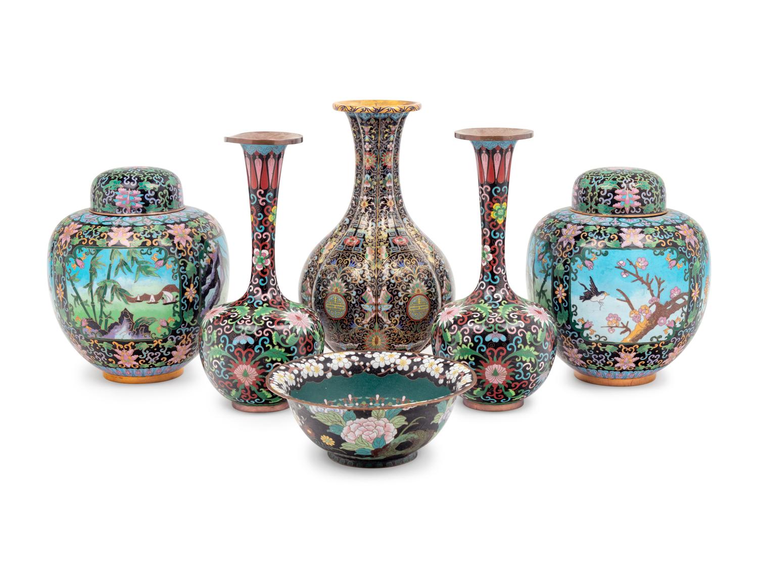 Six Chinese Black Ground Cloisonné Enamel Vessels