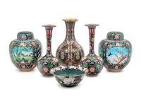 Six Chinese Black Ground Cloisonné Enamel Vessels