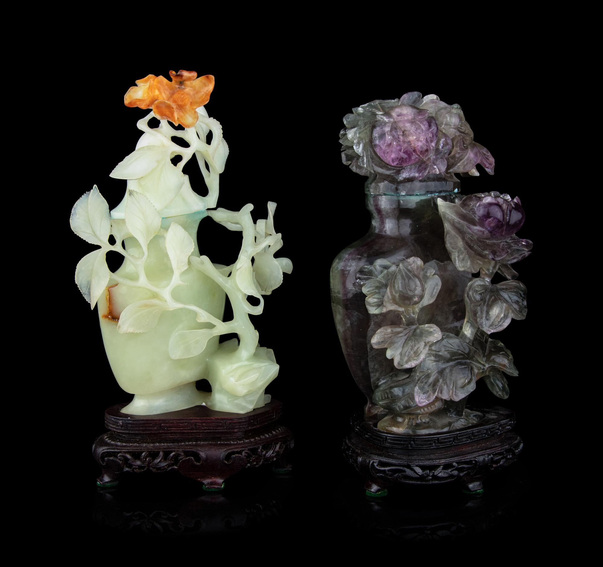 Two Chinese Jade and Hardstone Flower Vases and Covers