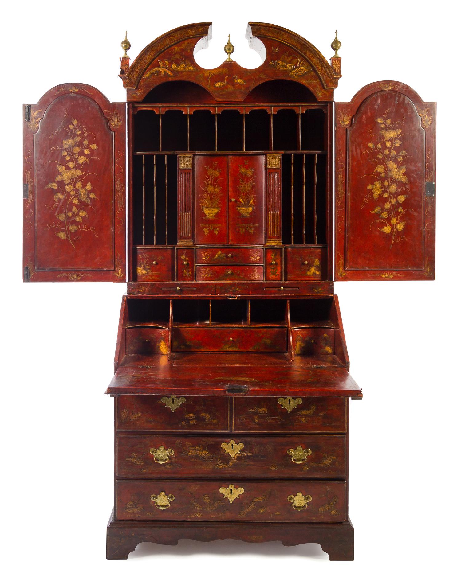 A Queen Anne Style Red Lacquered Secretary Height 86 3/4 x width 23 1/4 x depth 22 3/4 inches. — 18TH CENTURY WITH LATER ELEMENTS