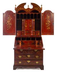A Queen Anne Style Red Lacquered Secretary Height 86 3/4 x width 23 1/4 x depth 22 3/4 inches. — 18TH CENTURY WITH LATER ELEMENTS