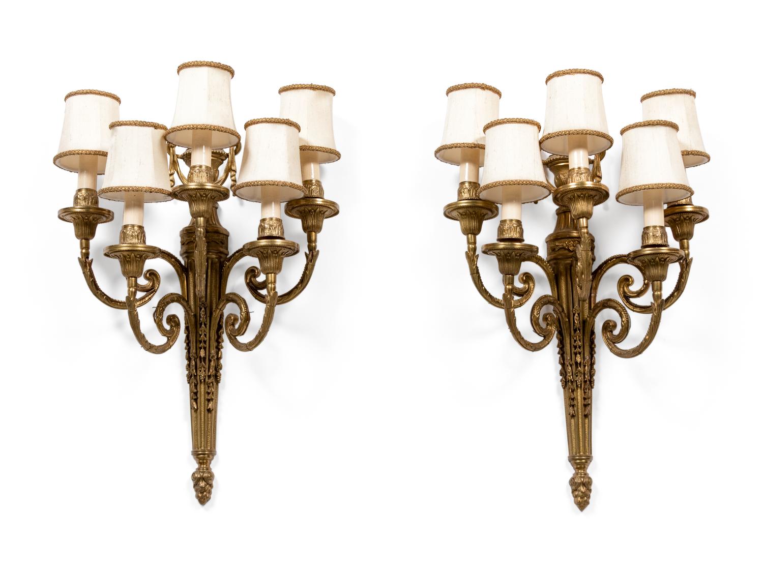 A Pair of Louis XVI Style Gilt-Bronze Five-Light Sconces