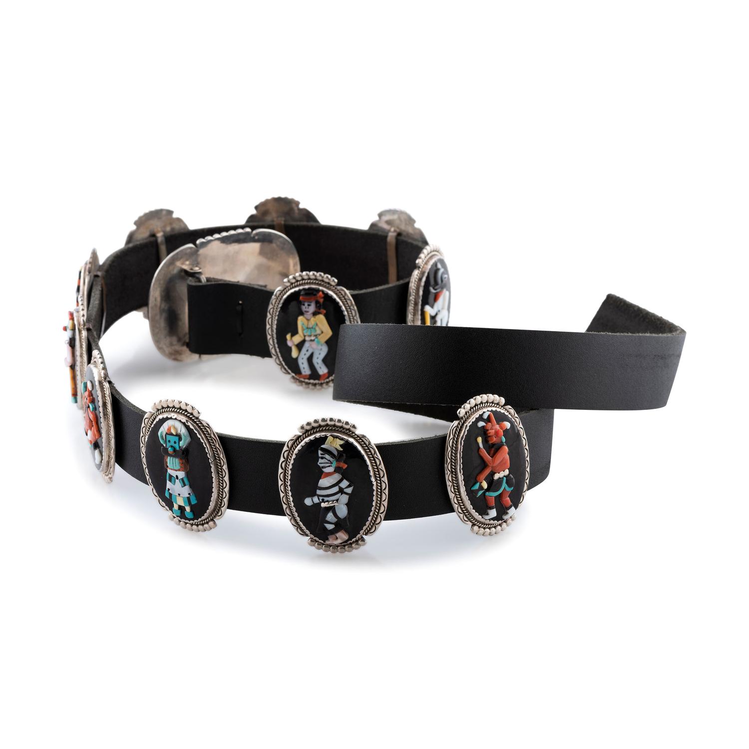 Silver and Mosaic Inlay Concha Belt, with Katsinas and Dancers