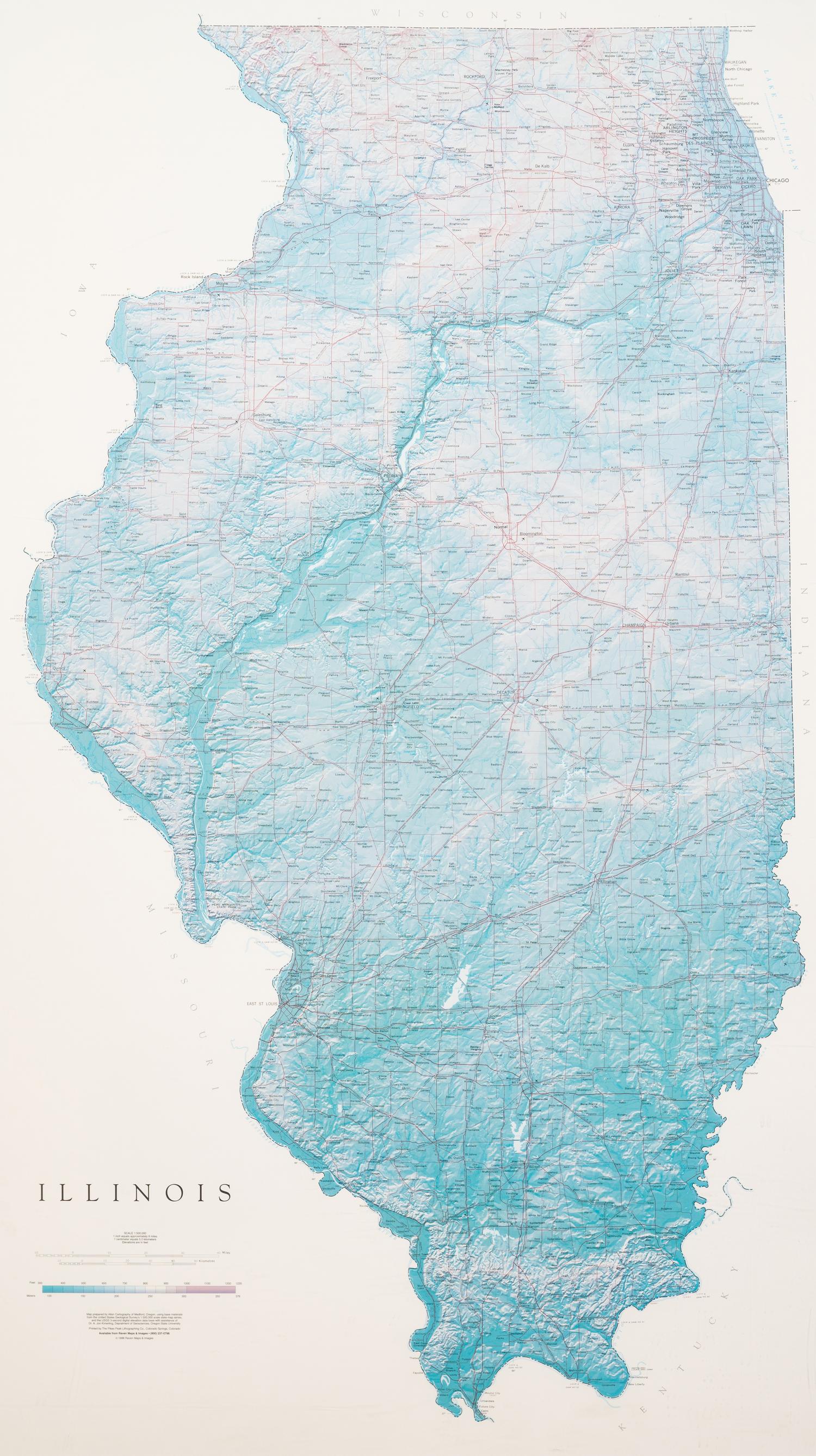 Modern map of Illinois. Colorado Springs, CO: The Pikes Peak Lithography Co., 1998. 59 1/2 x 37 1/2 in. Matted and framed.