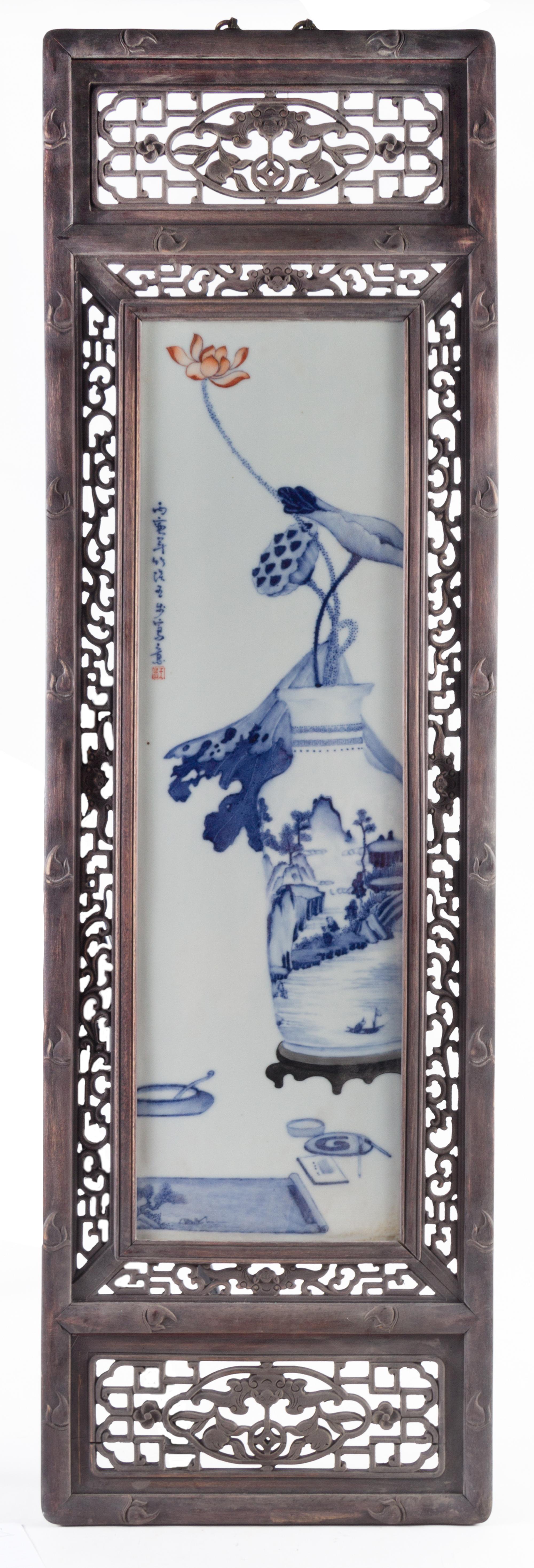 A Set of Four Blue and White Porcelain Plaques Height of each panel 28 3/4 x width 8 1/4 inches.