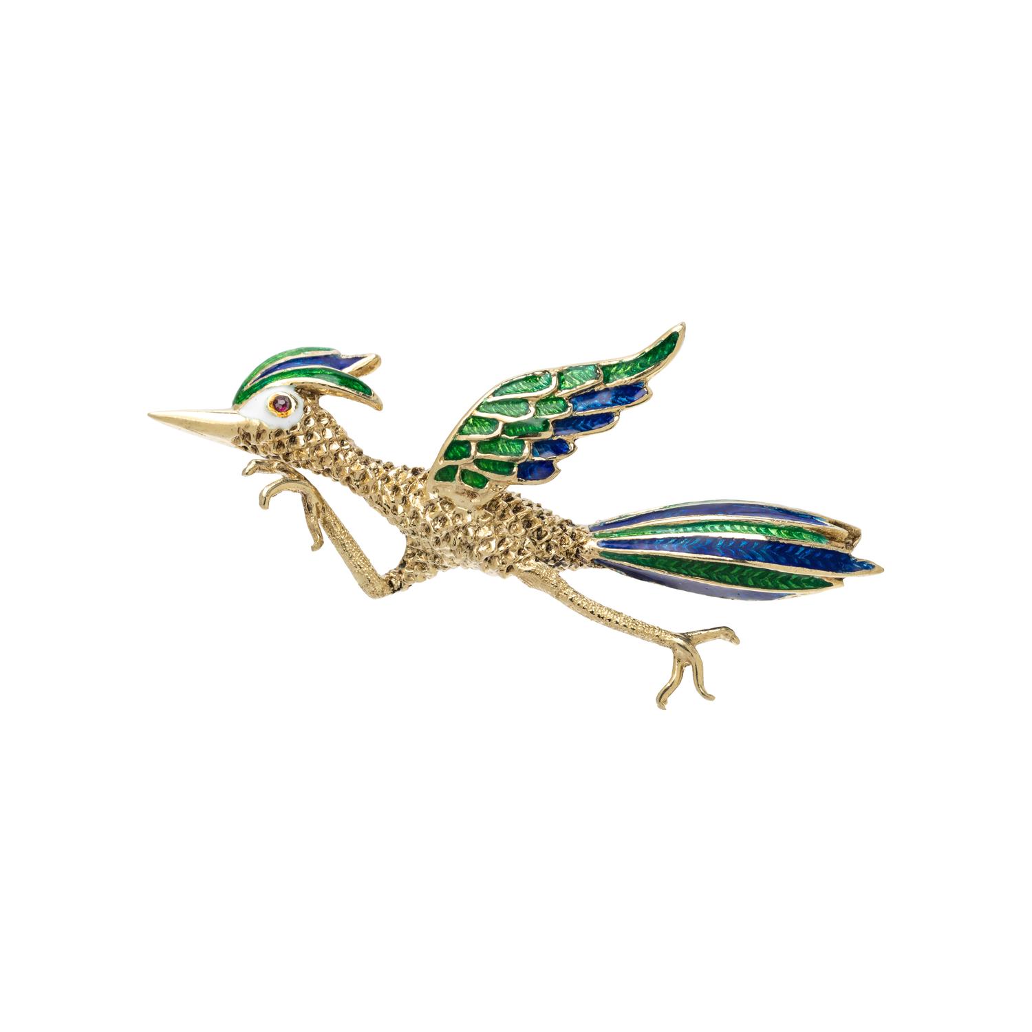 MARTINE, YELLOW GOLD AND ENAMEL ROADRUNNER BROOCH