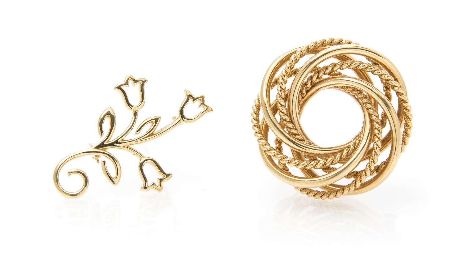 A Collection of 14 Karat Yellow Gold Brooches, 9.90 dwts.