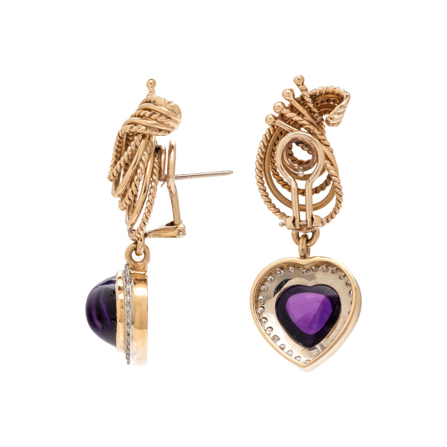 YELLOW GOLD, AMETHYST AND DIAMOND EARCLIPS