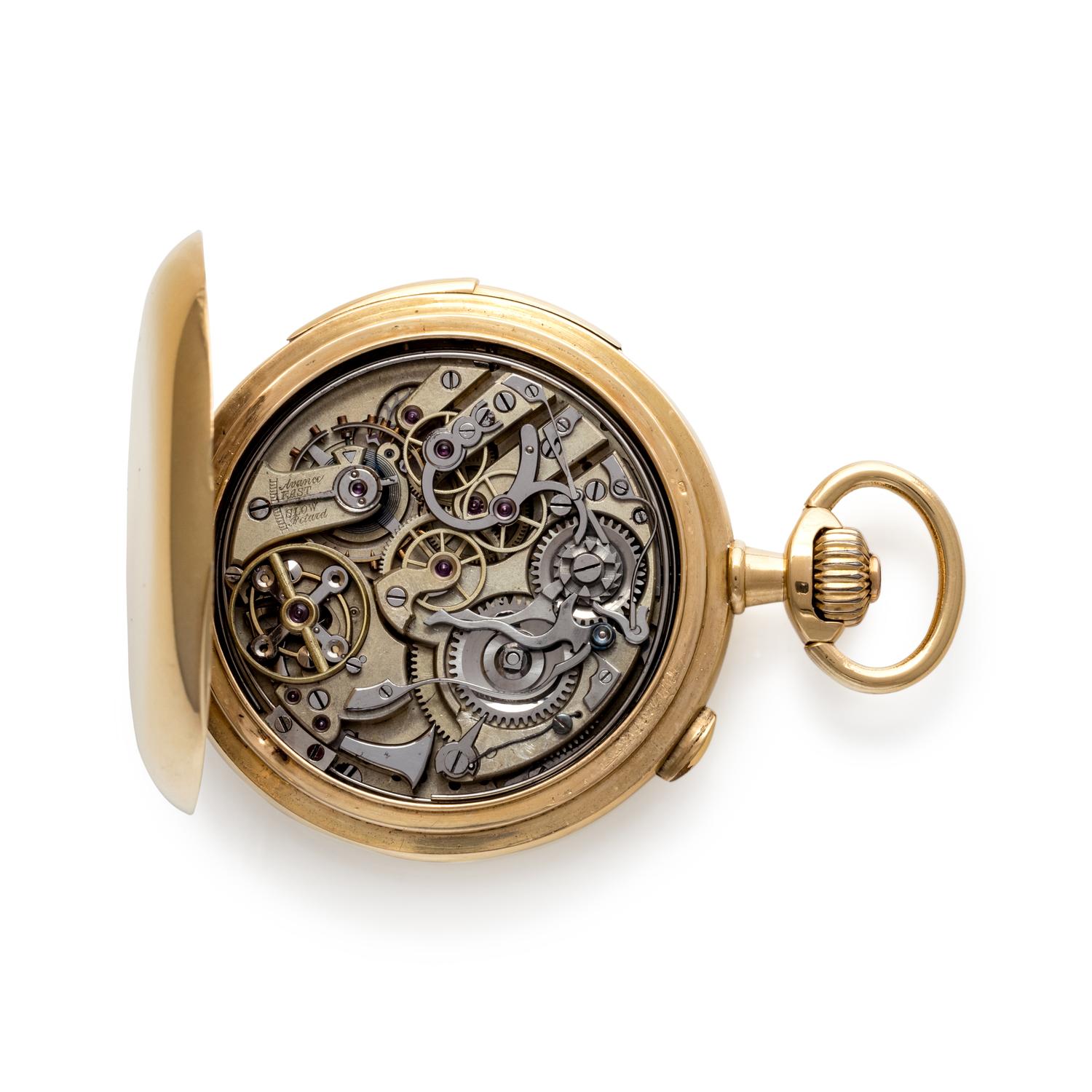 18K YELLOW GOLD MINUTE REPEATER CHRONOGRAPH HUNTER CASE POCKET WATCH