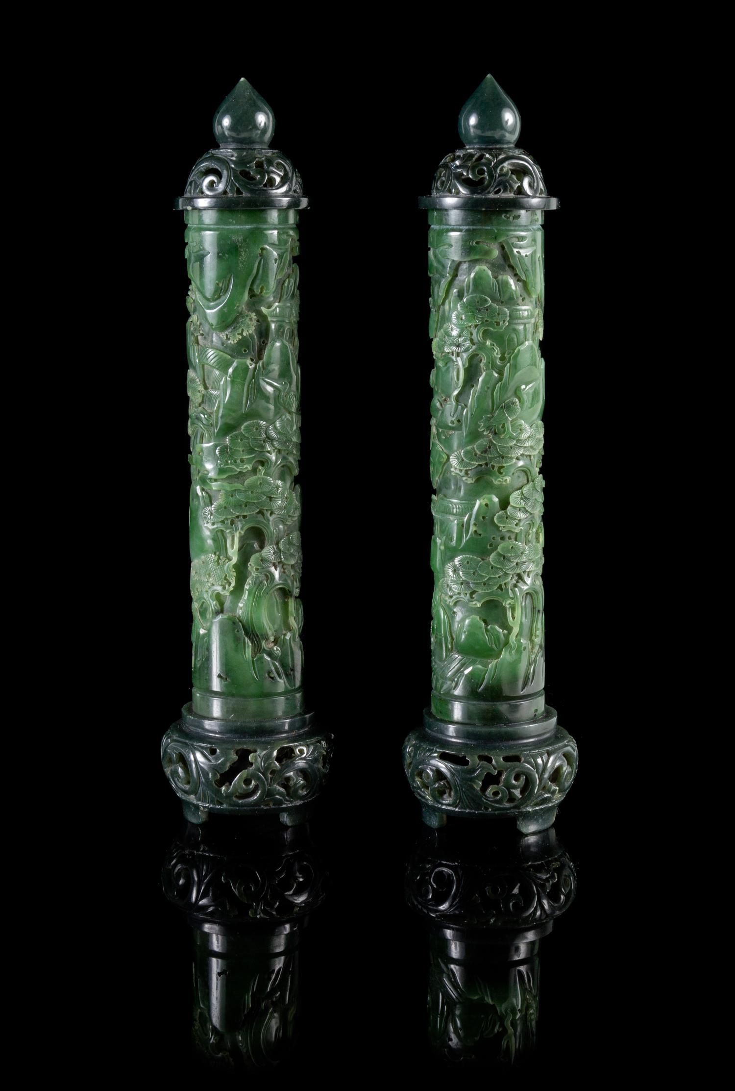 A Pair of Spinach Jade Parfumiers Height 9 3/4 inches.