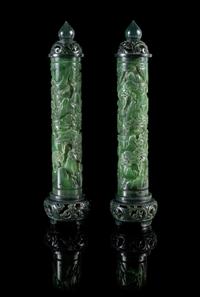 A Pair of Spinach Jade Parfumiers Height 9 3/4 inches.