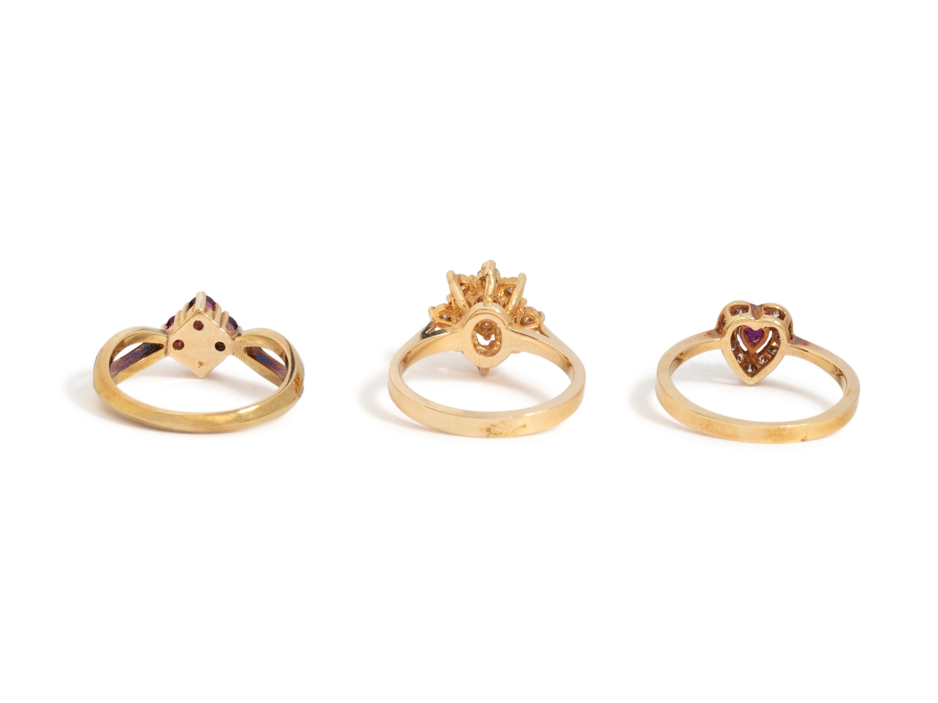 COLLECTION OF YELLOW GOLD, DIAMOND AND RUBY RINGS