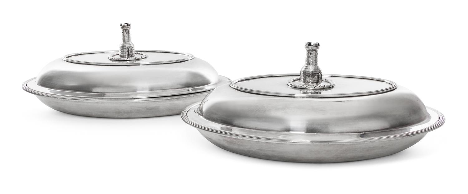 A Pair of George III Silver Entree Dishes and Covers, William Bennett, London, 1802, oval with reeded rims, the reversible covers with