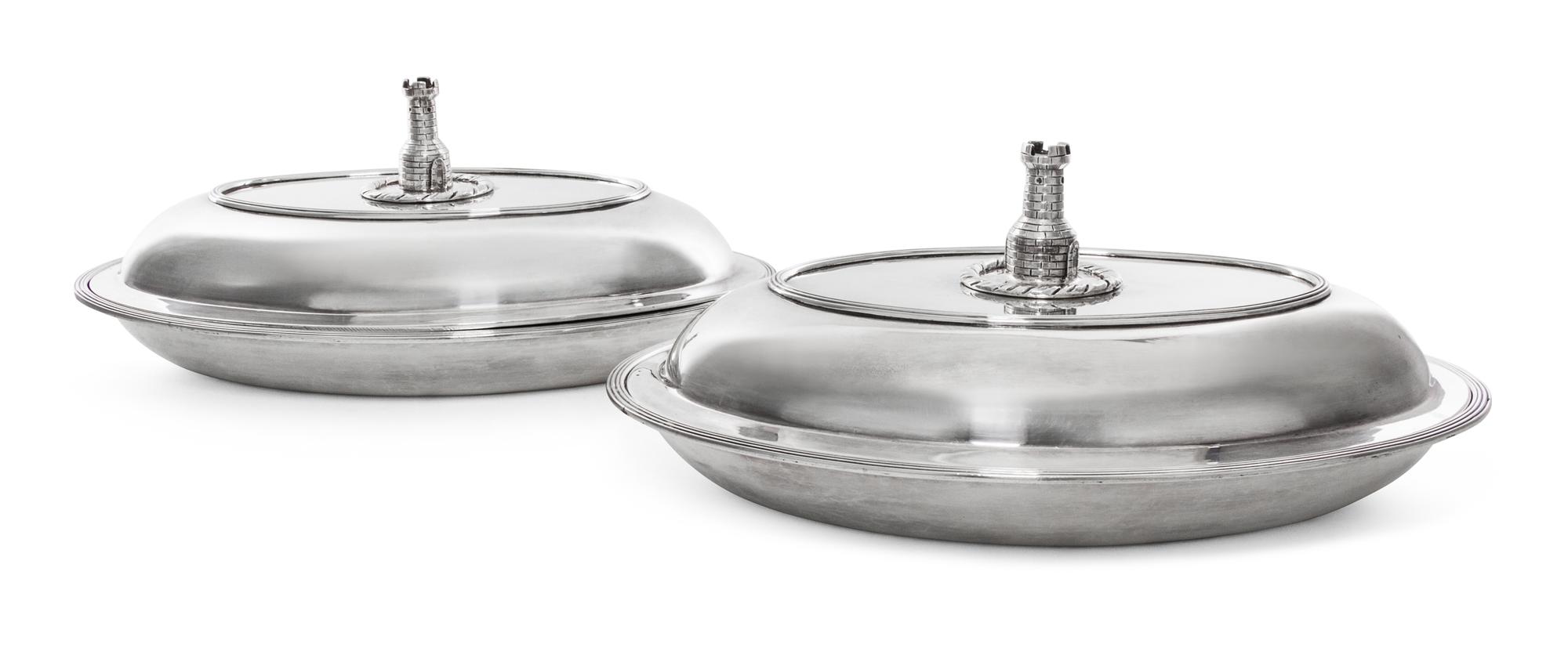 A Pair of George III Silver Entree Dishes and Covers, William Bennett, London, 1802, oval with reeded rims, the reversible covers with