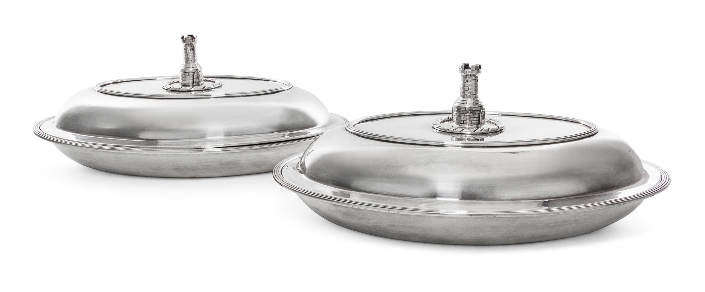 A Pair of George III Silver Entree Dishes and Covers, William Bennett, London, 1802, oval with reeded rims, the reversible covers with