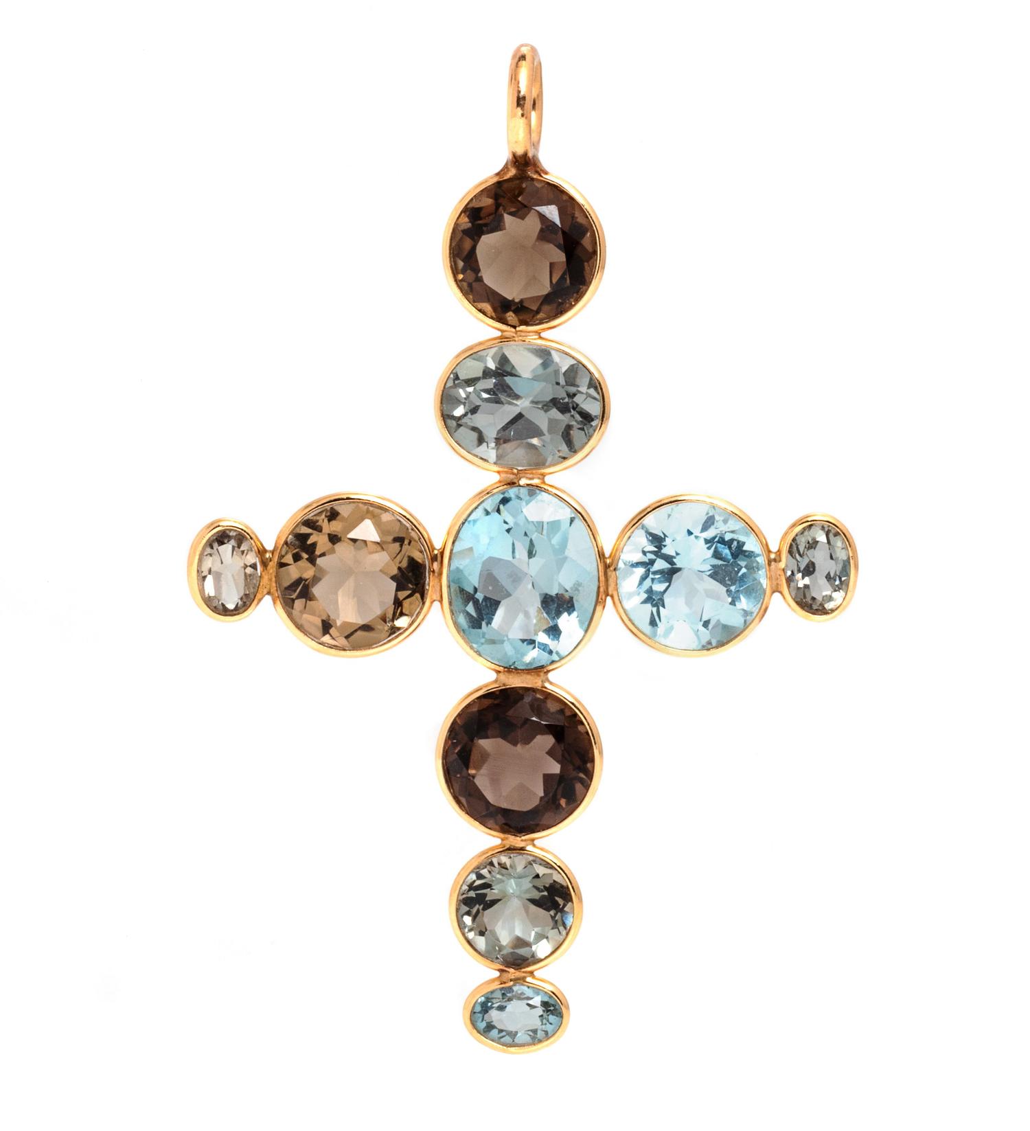 A 14 Karat Yellow Gold and Multigem Cross Pendant,