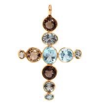 A 14 Karat Yellow Gold and Multigem Cross Pendant,