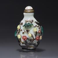 A Chinese Carved Five-Color Overlay Glass Snuff Bottle, Qing Dynasty, Circa 1736-1795 — 1736-1795年 涅白地套五色料喜上眉梢圖鼻煙壺