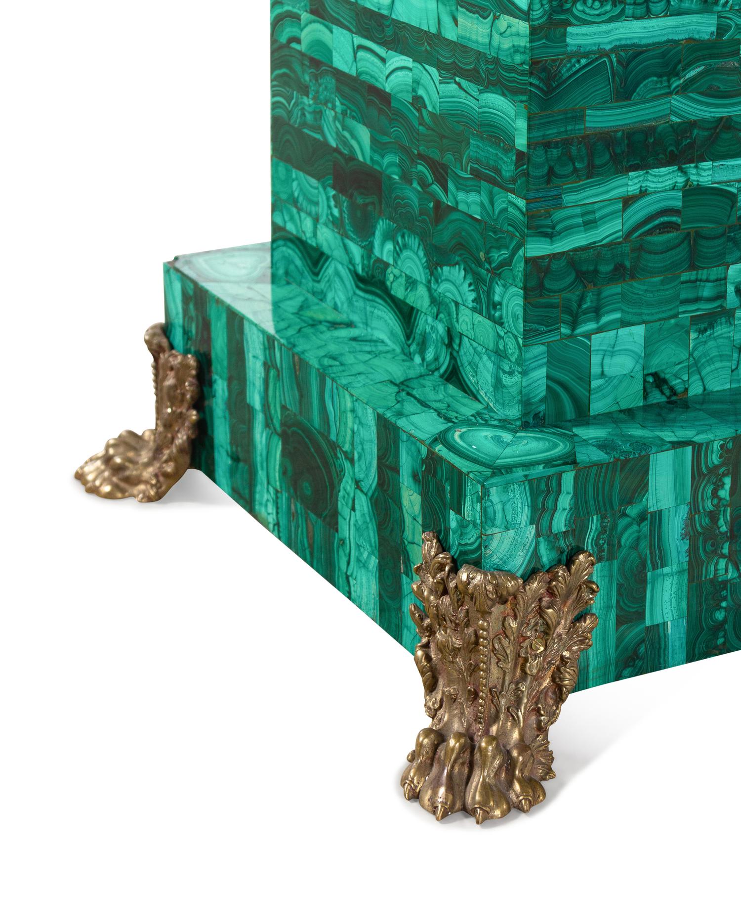 A Pair of Empire Style Gilt Bronze Mounted Malachite Veneered Pedestals