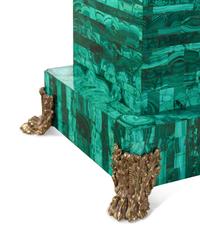 A Pair of Empire Style Gilt Bronze Mounted Malachite Veneered Pedestals