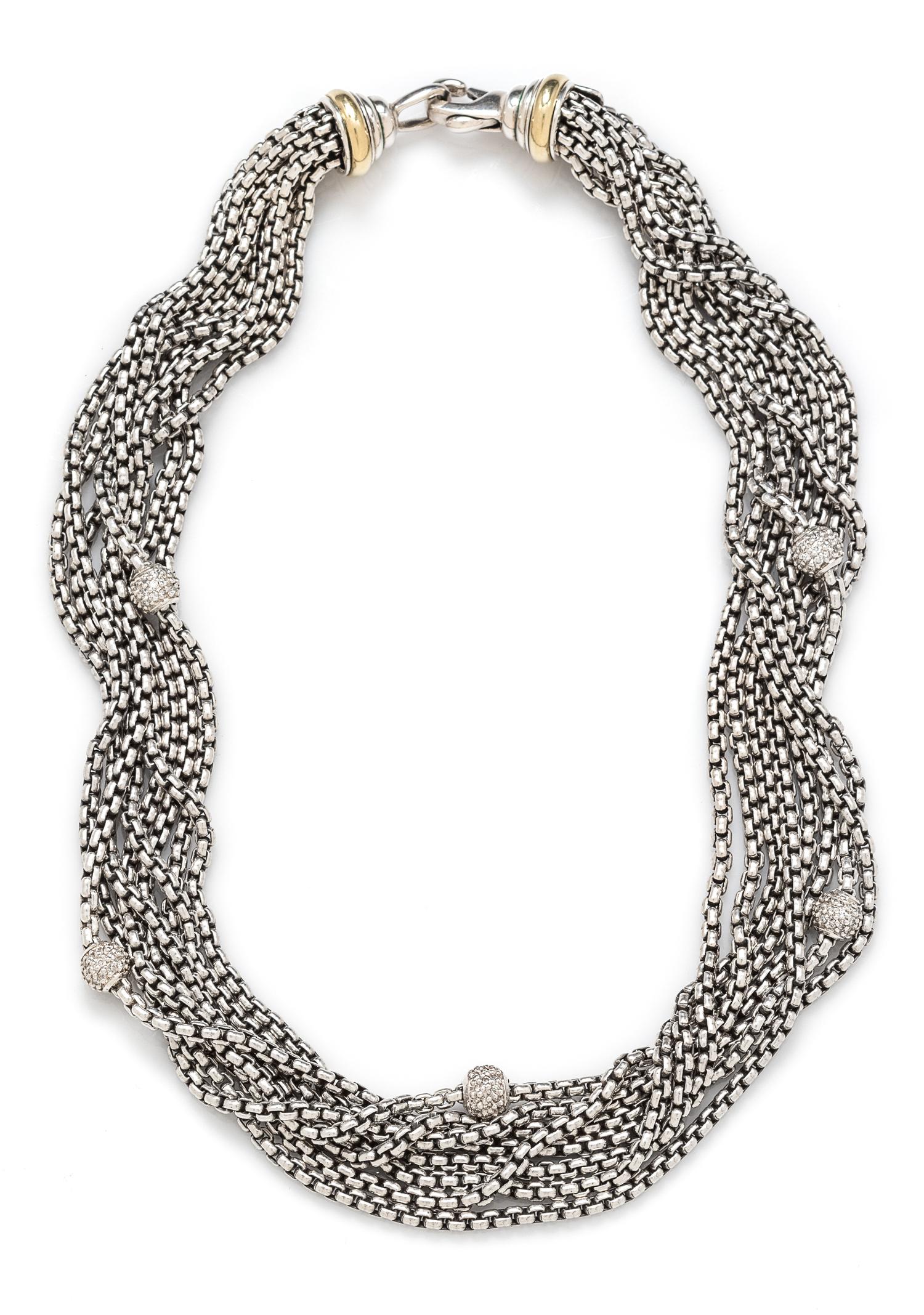 A Sterling Silver, 18 Karat Yellow Gold and Diamond Multistrand Necklace, David Yurman, 66.60 dwts.