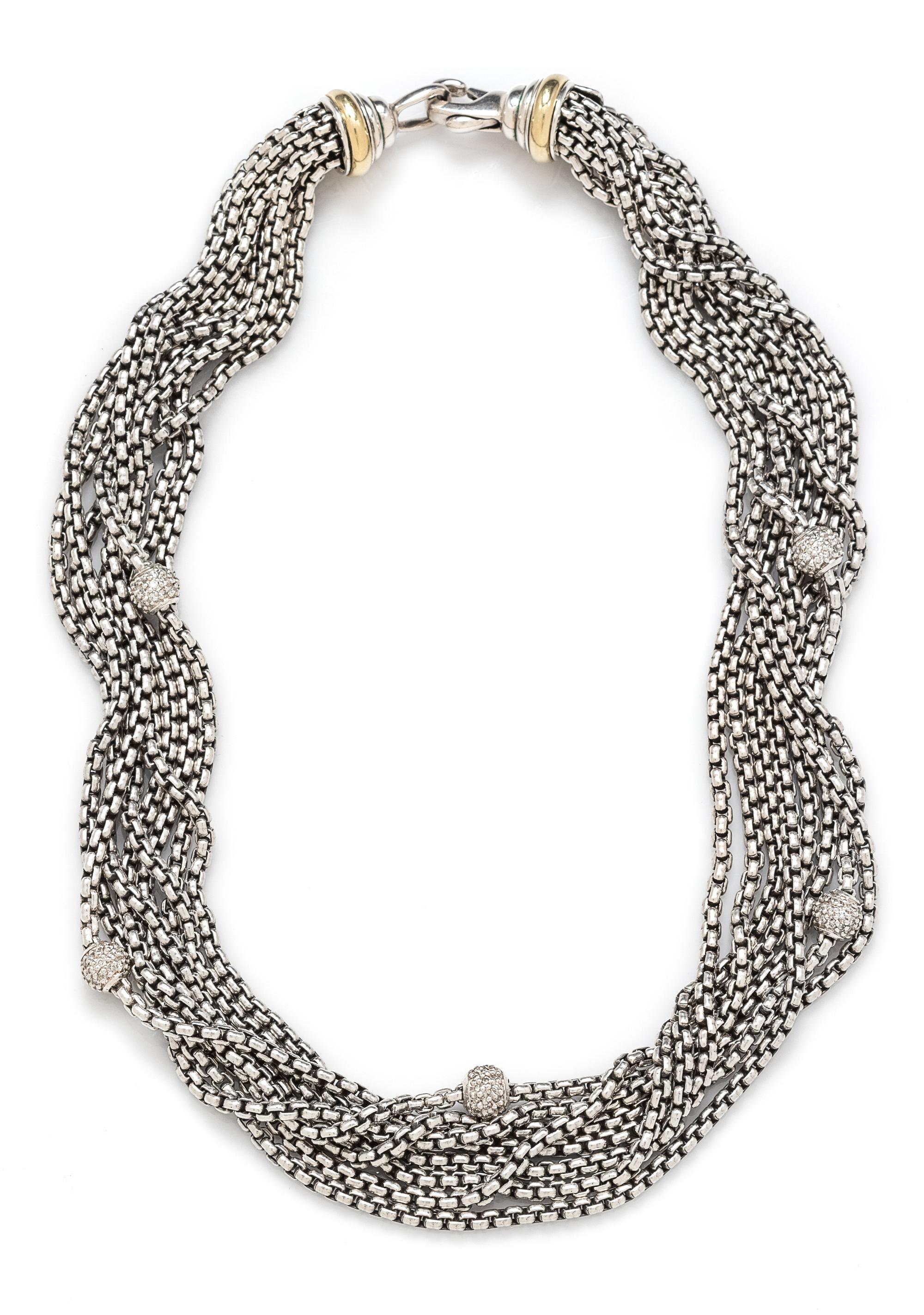 A Sterling Silver, 18 Karat Yellow Gold and Diamond Multistrand Necklace, David Yurman, 66.60 dwts.