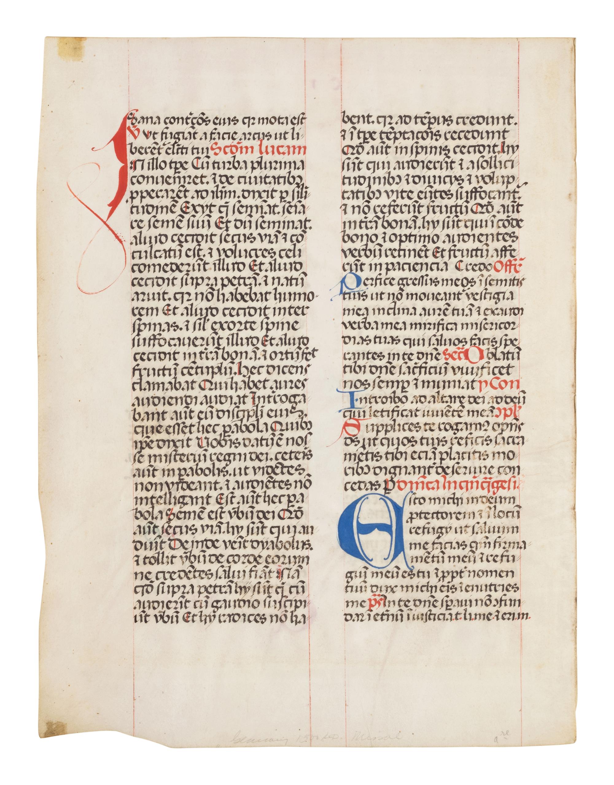 [BOOK OF HOURS]. A group of 25 leaves from medieval and renaissance manuscripts and printed books, including 5 or more from Otto Ege’s Fifty Original Leaves from Medieval Manuscripts. Western Europe: XII-XVI Century [compiled Cleveland, c.1950] and Original Leaves from Famous Bibles: Nine Centuries, 1121-1935 A.D [Compiled Cleveland, c.1950]. Various sizes, including: