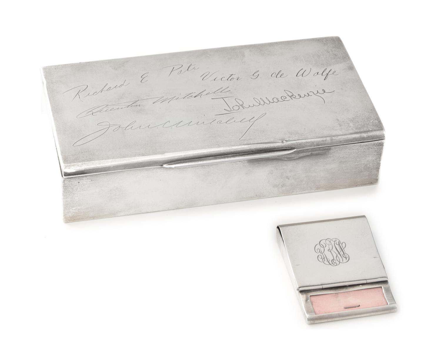 An American Silver Presentation Cigarette Box, Watrous Mfg. Co., Wallingford, MA, with a wood liner, the hinged lid engraved with signa