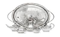 An English Silver Six-Piece Tea and Coffee Service, William Gordon Blacklock, London, comprising two teapots, a coffee pot, a creamer,