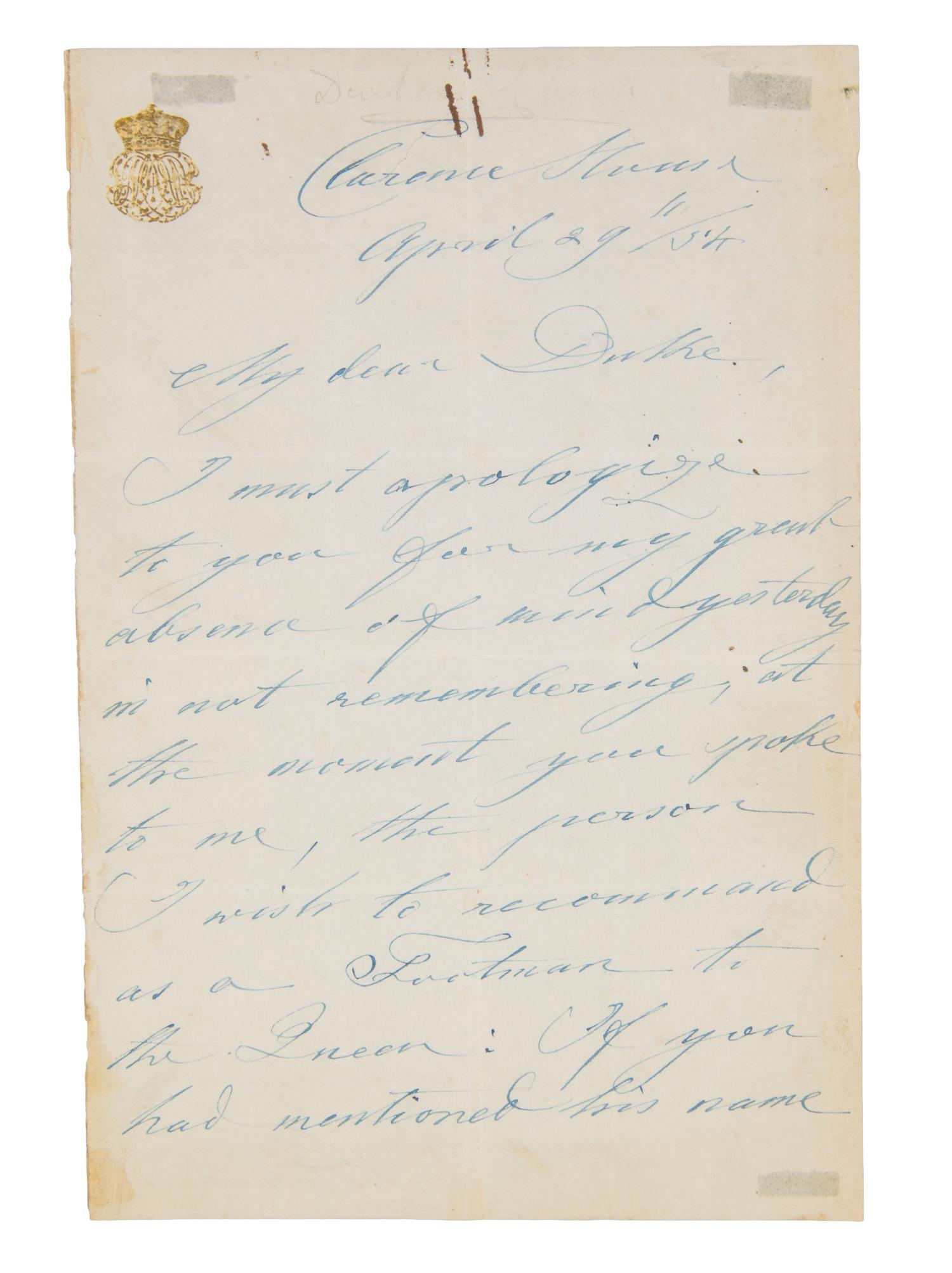 VICTORIA. Autographed letter signed ("Victoria"), one page double-sided, April 29, 1894.