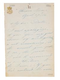 VICTORIA. Autographed letter signed ("Victoria"), one page double-sided, April 29, 1894.