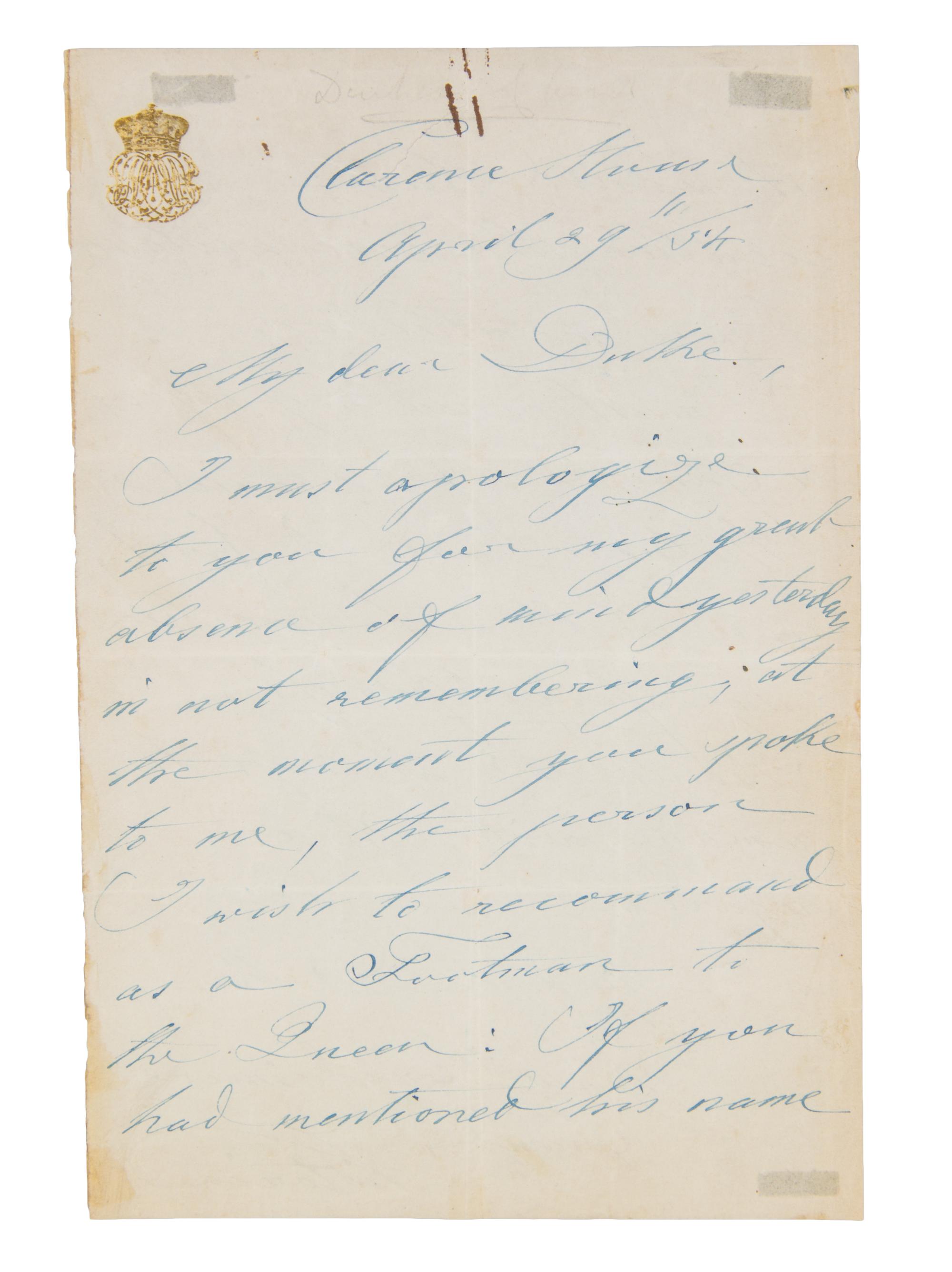 VICTORIA. Autographed letter signed ("Victoria"), one page double-sided, April 29, 1894.