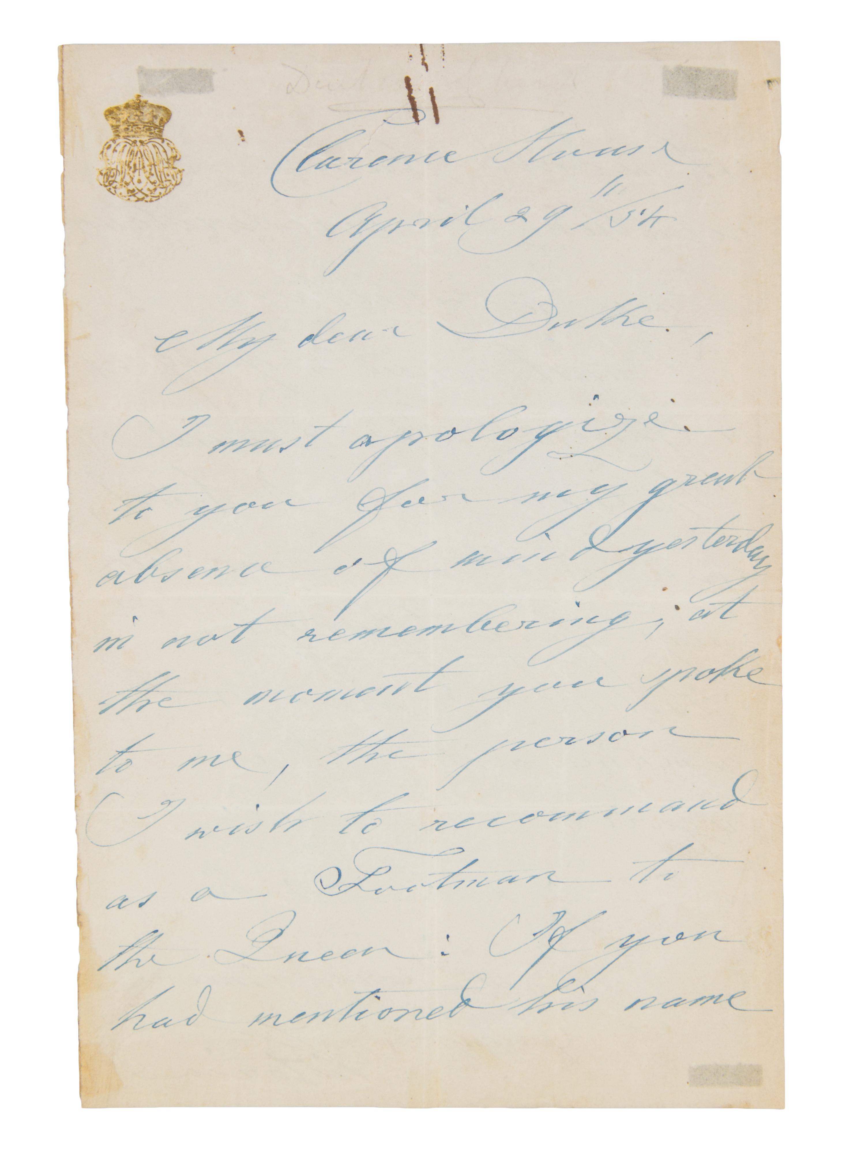 VICTORIA. Autographed letter signed ("Victoria"), one page double-sided, April 29, 1894.