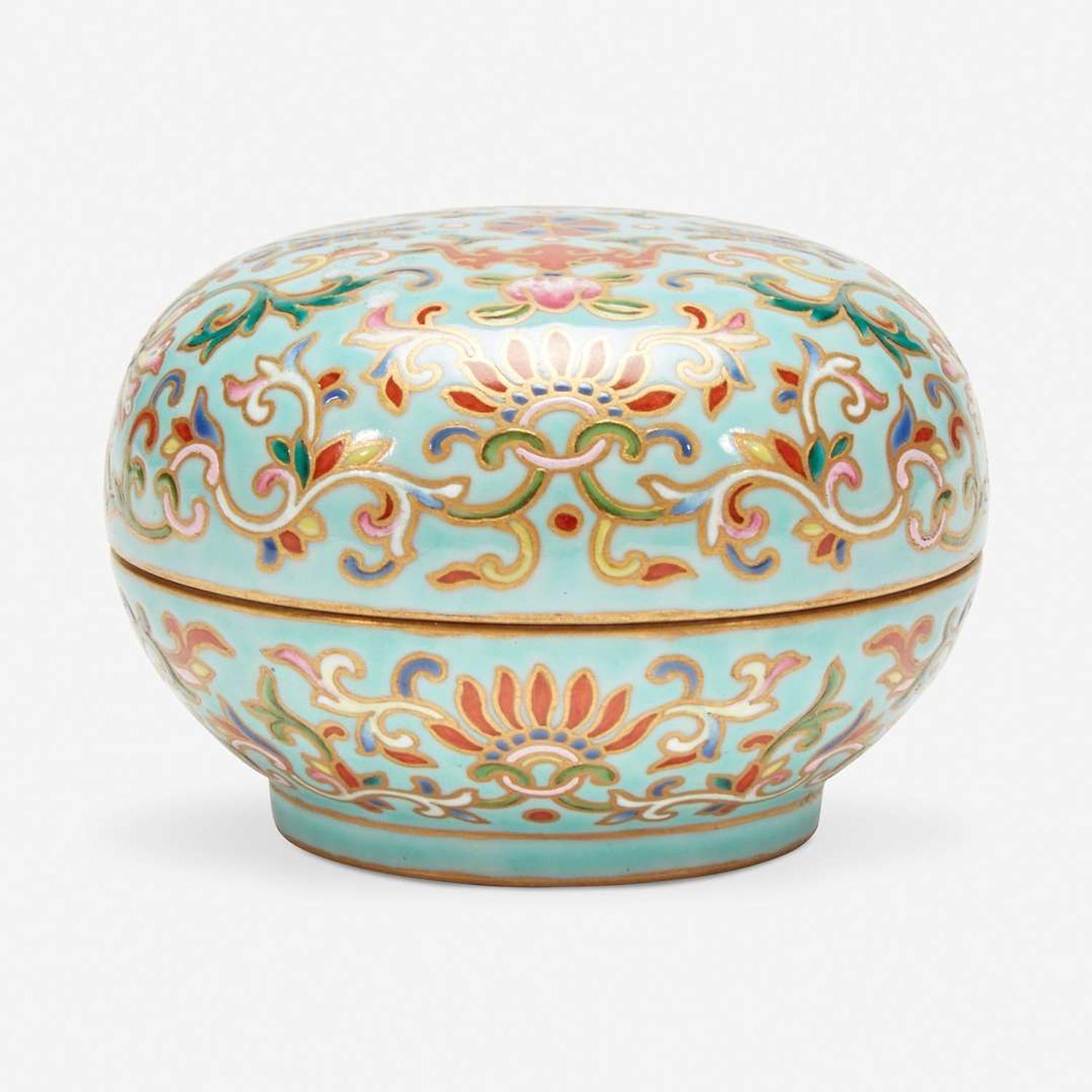 A Chinese enameled porcelain faux cloisonné seal paste box and cover 珐琅彩带盖印泥盒 Six-character Jiaqing seal mark ?????