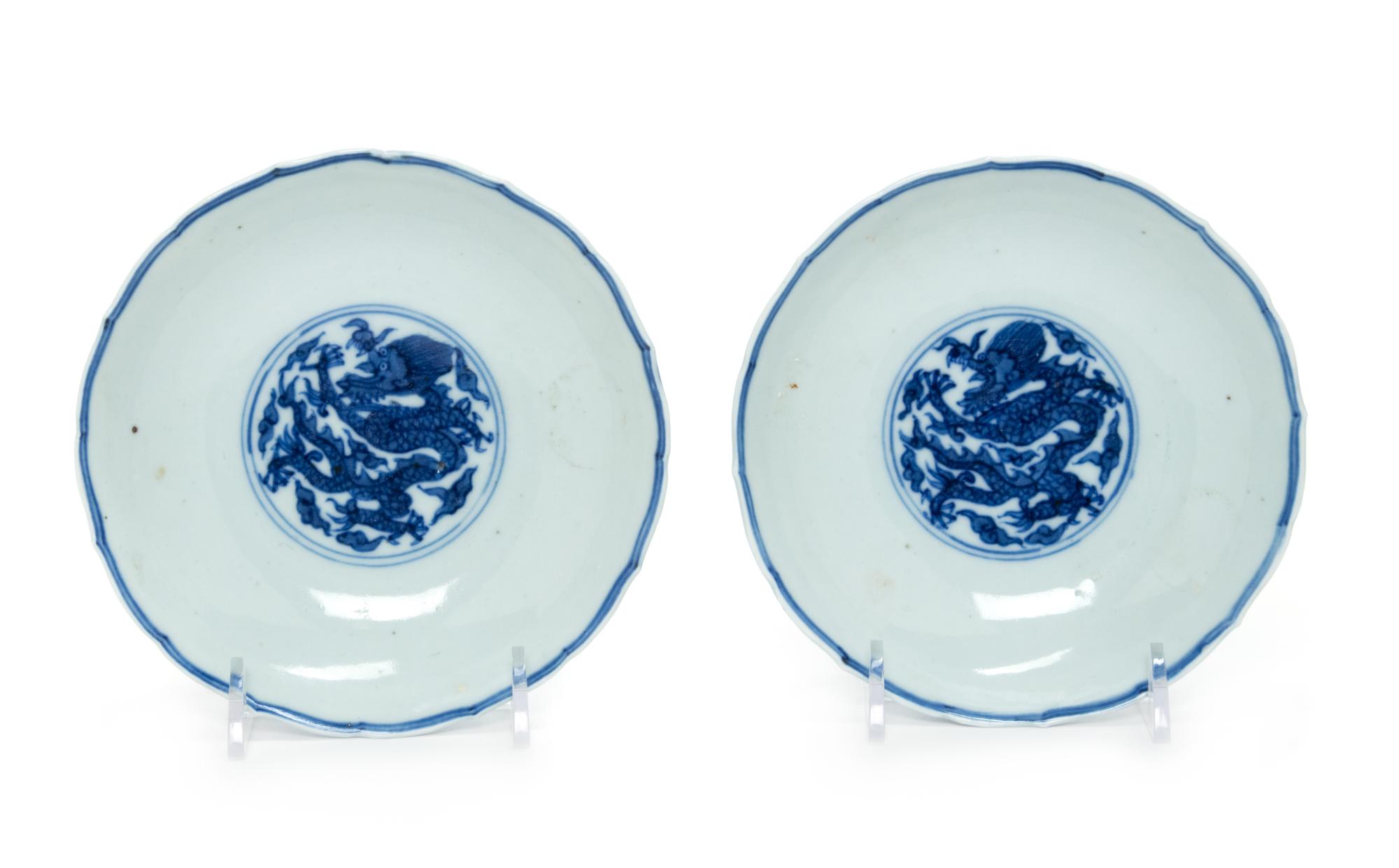 A Pair of Chinese Blue and White Porcelain Shallow Bowls Diameter 6 inches.