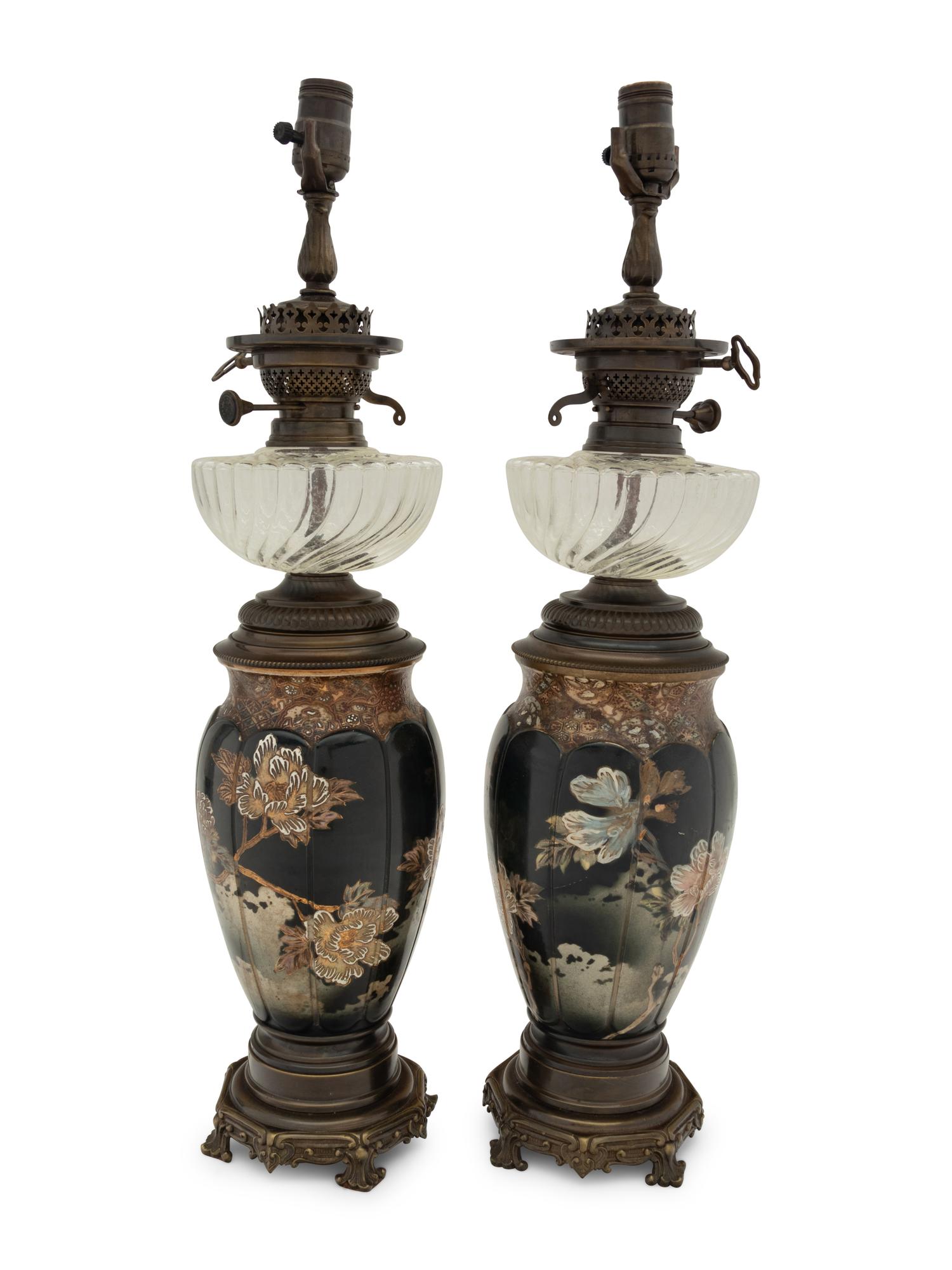 A Pair of Japanese or Continental Porcelain Fluid Lamps Converted to Electricity