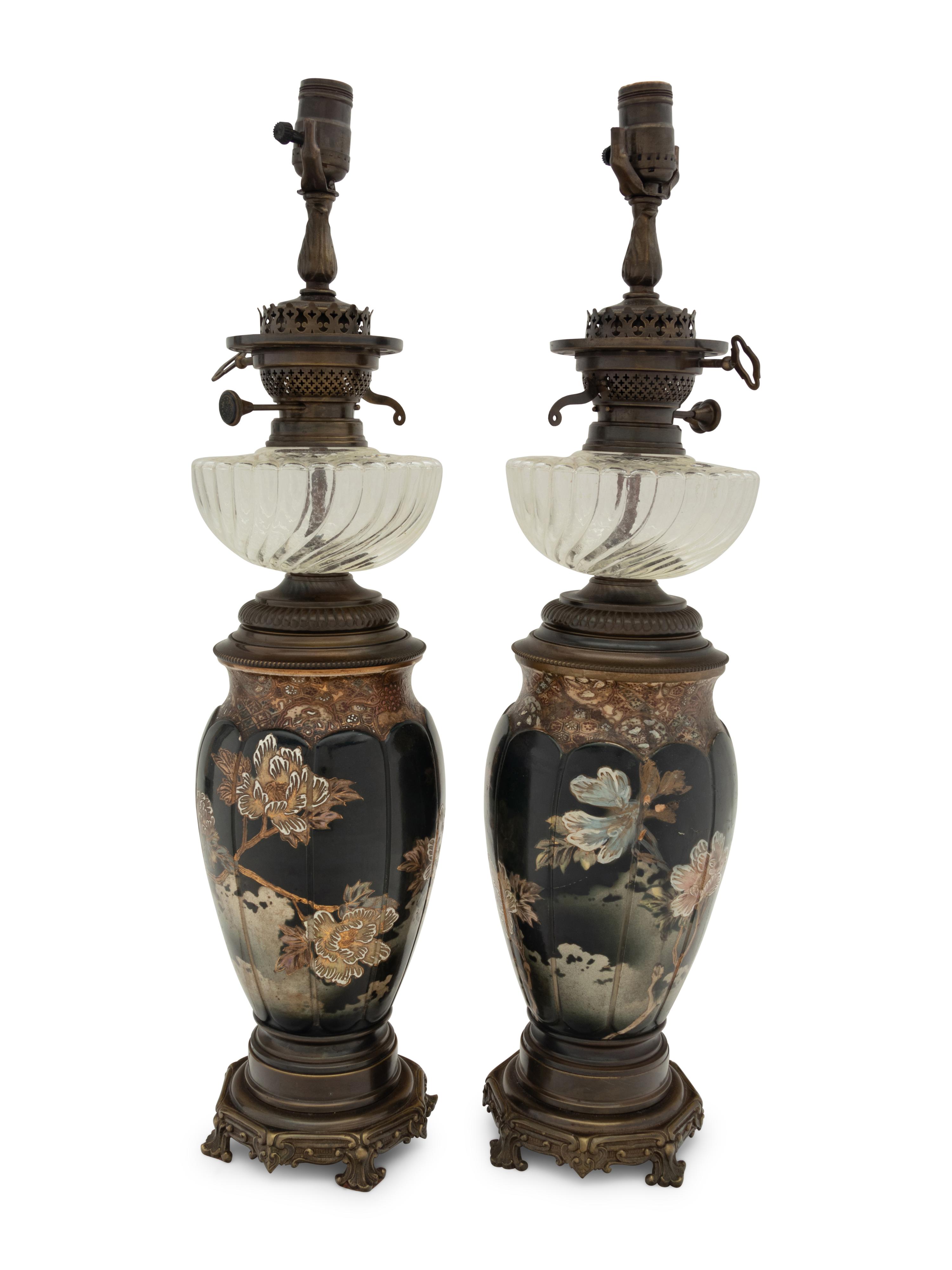 A Pair of Japanese or Continental Porcelain Fluid Lamps Converted to Electricity
