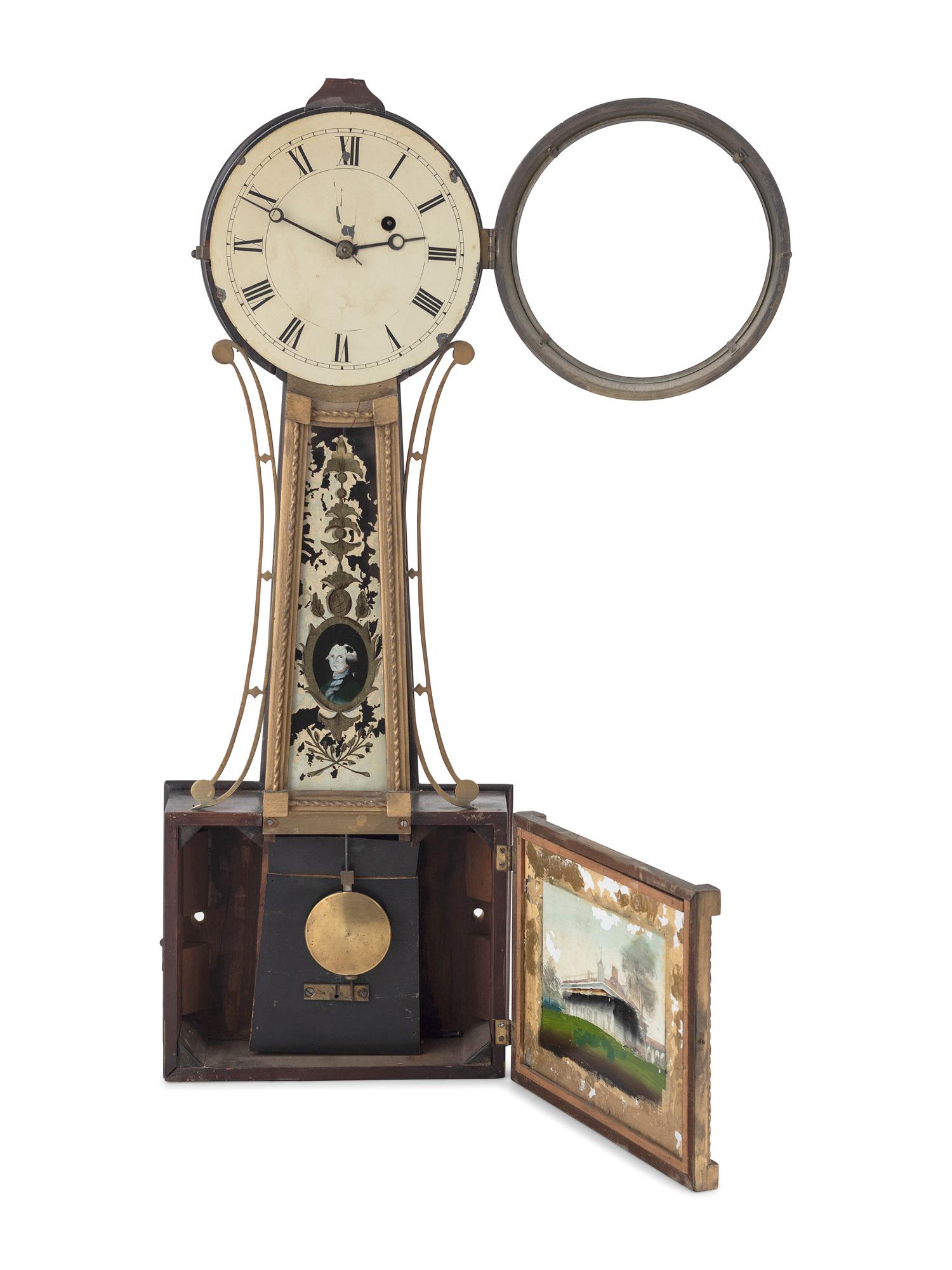 A Federal Eglomise Inset, Parcel Gilt George Washington and Mount Vernon Decorated Banjo Clock