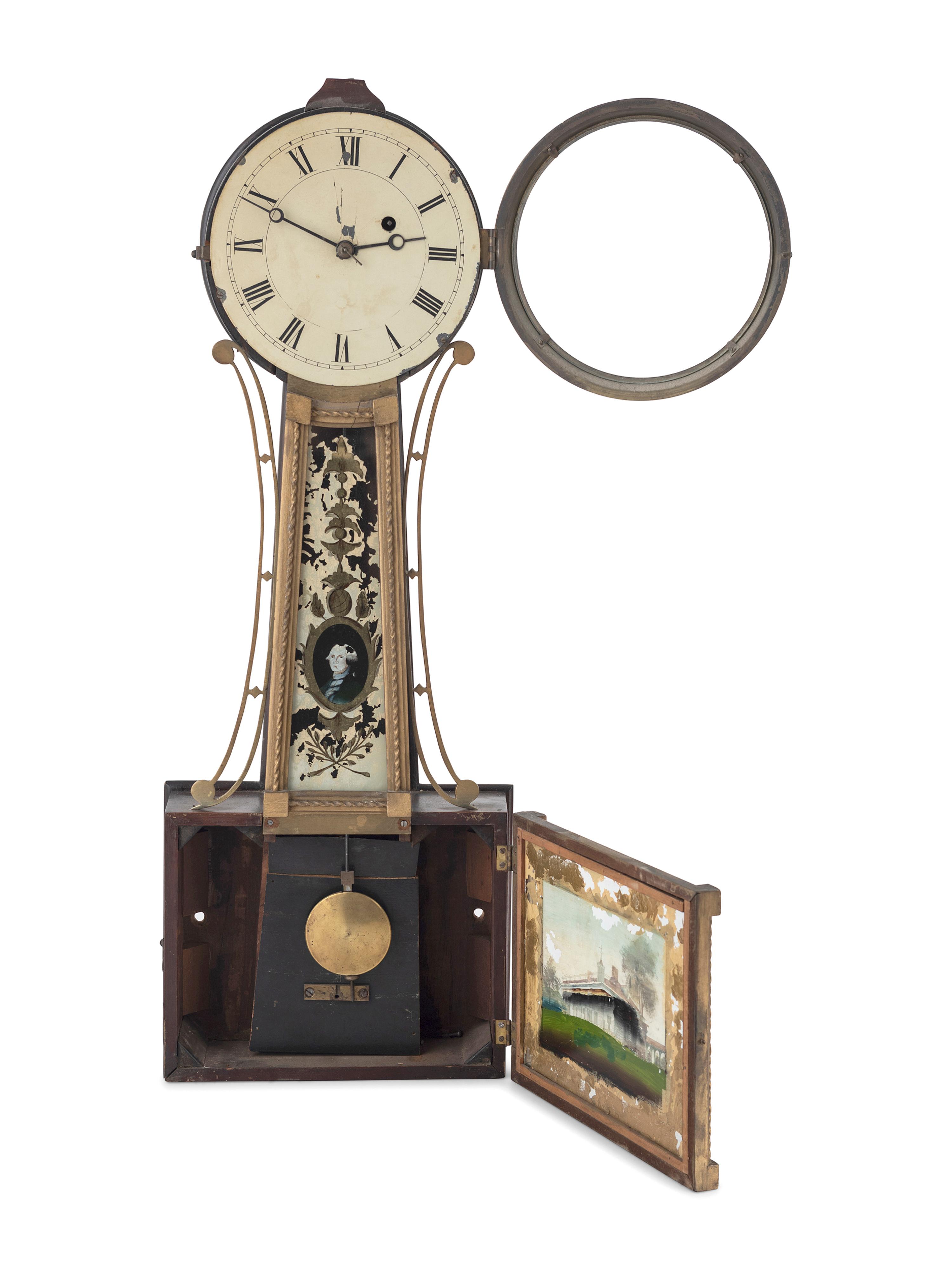 A Federal Eglomise Inset, Parcel Gilt George Washington and Mount Vernon Decorated Banjo Clock