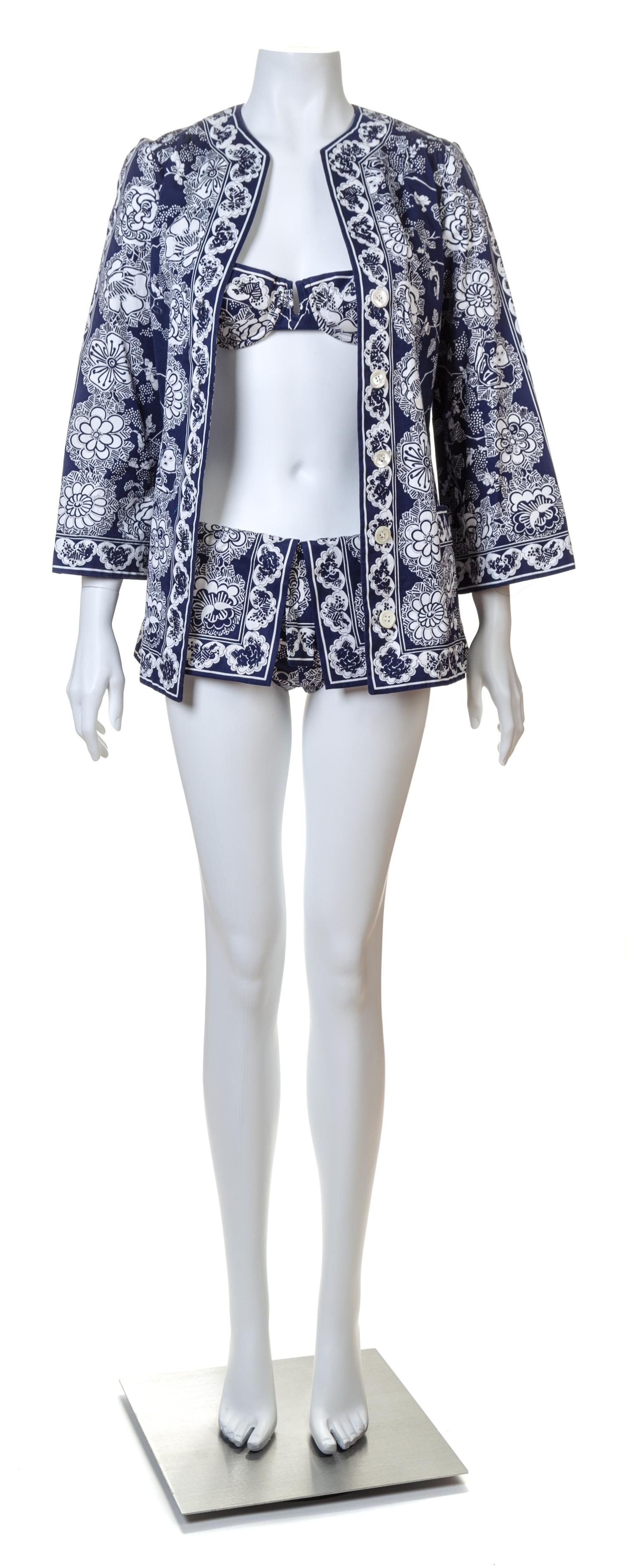A Pucci Blue and White Cotton Swimsuit Ensemble, Jacket size 8; Bathing suit size 10.