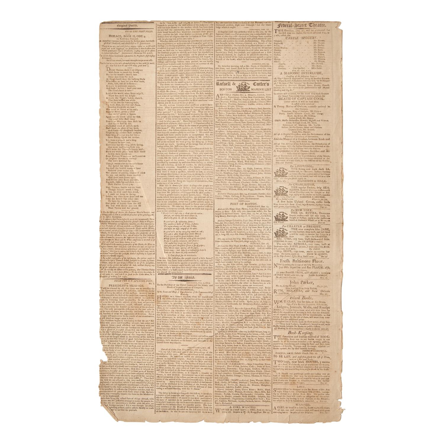 [Jefferson, Thomas, and Sally Hemings] John Quincy Adams' Racist Satirical Poem Mocking Thomas Jefferson After his Scandalous Affair with his Slave