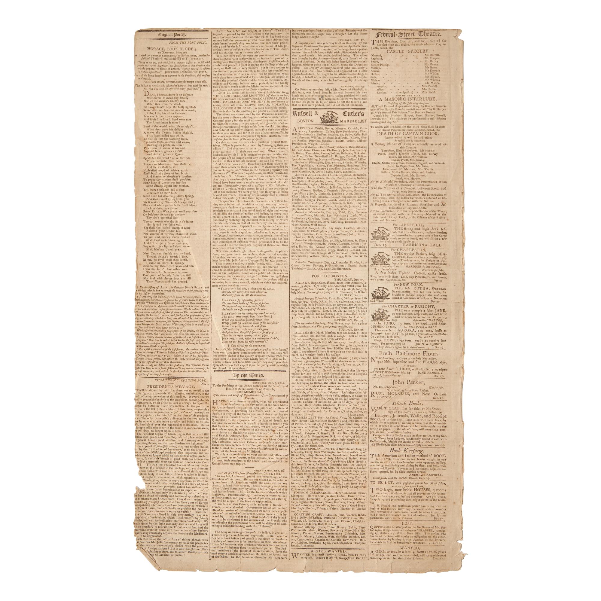 [Jefferson, Thomas, and Sally Hemings] John Quincy Adams' Racist Satirical Poem Mocking Thomas Jefferson After his Scandalous Affair with his Slave