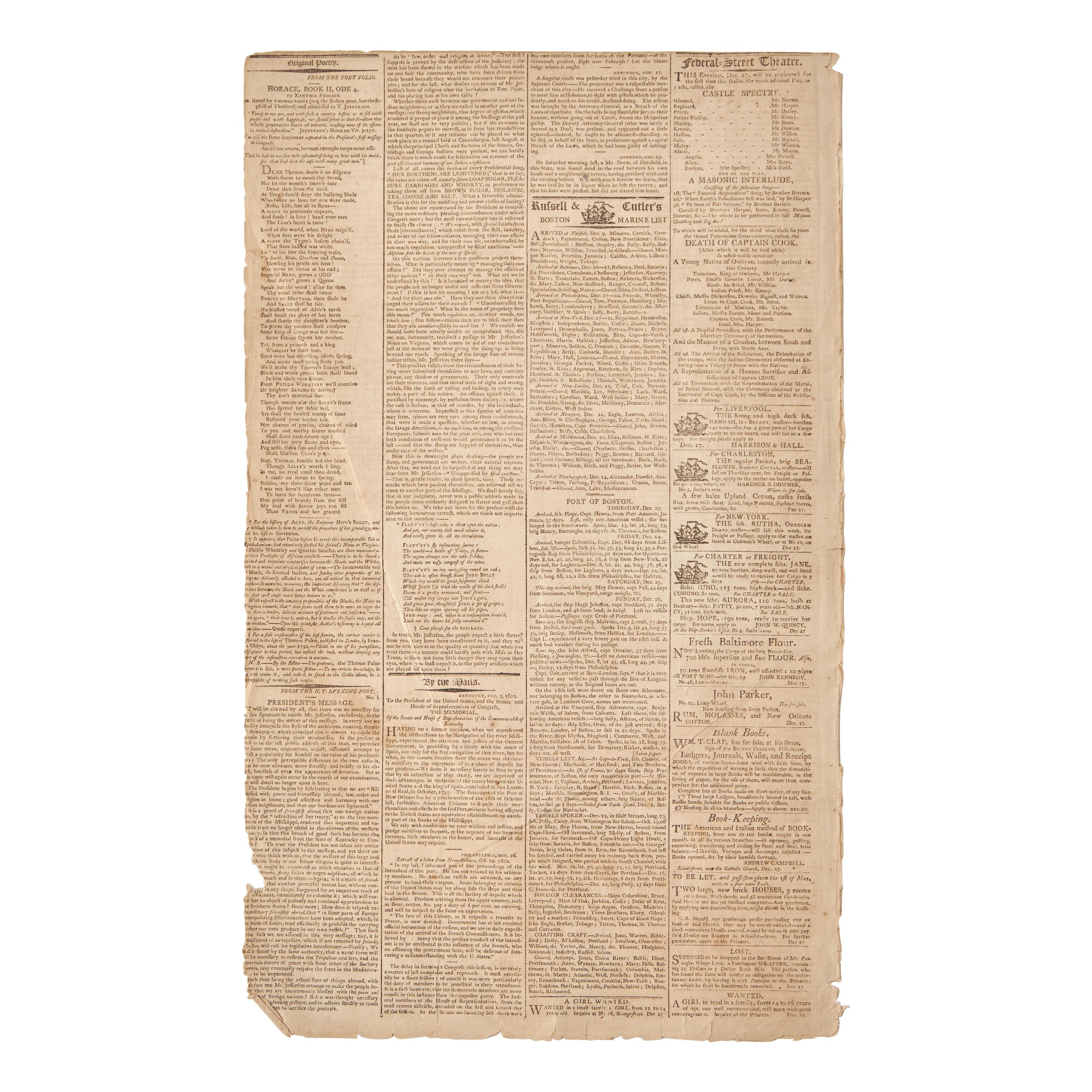 [Jefferson, Thomas, and Sally Hemings] John Quincy Adams' Racist Satirical Poem Mocking Thomas Jefferson After his Scandalous Affair with his Slave