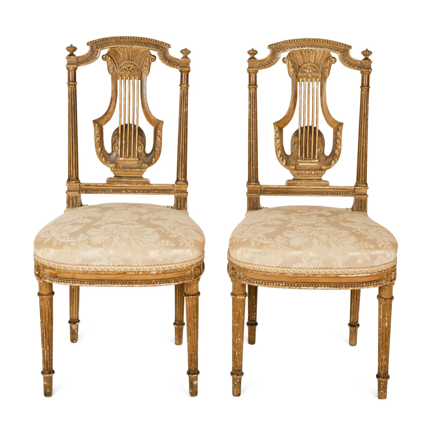 A Pair of Louis XVI Style Giltwood Lyre-Back Side Chairs — 19TH CENTURY