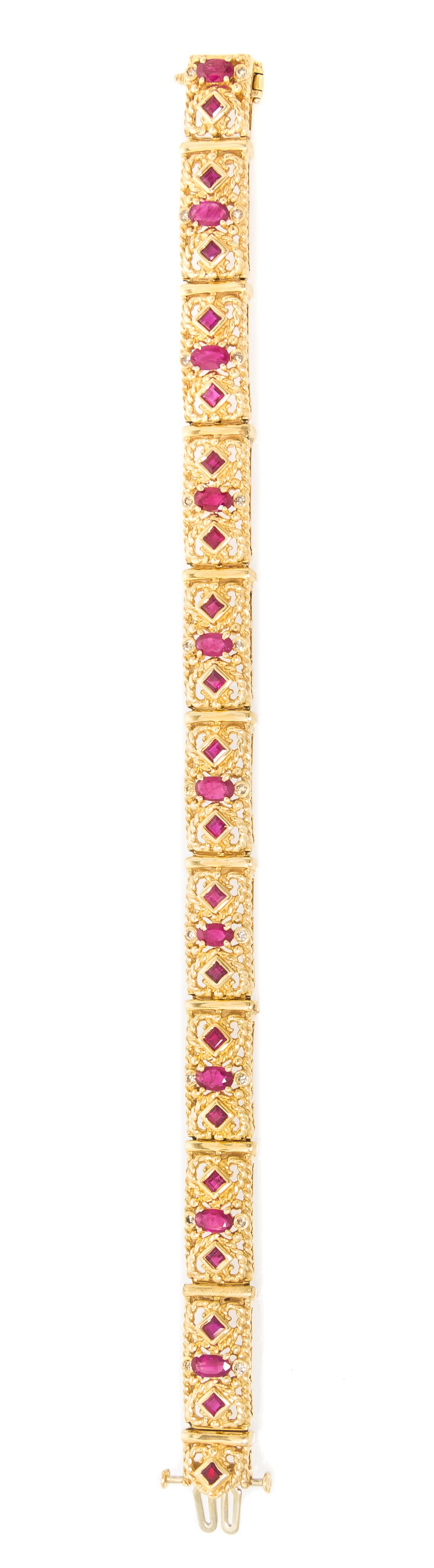A 14 Karat Yellow Gold, Ruby and Diamond Bracelet, 16.50 dwts.