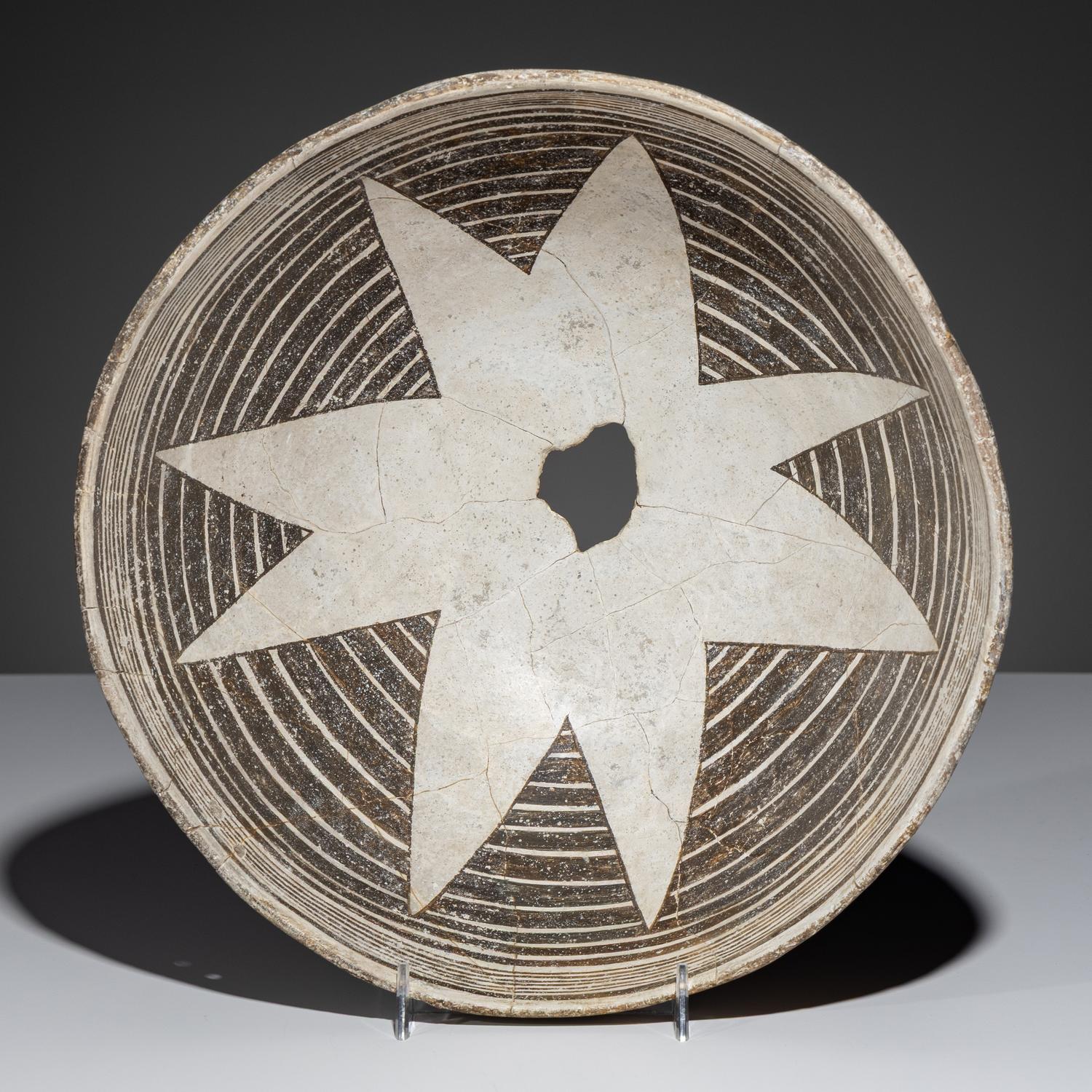Ancestral Pueblo, Mimbres Classic Black-on-White Pottery Bowl, with Star or Blossom Design